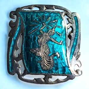 Vintage Sterling Silver Siam Beautiful Blue Enamel Dancing Goddess Brooch